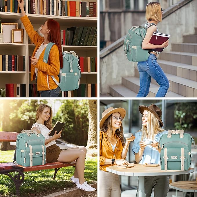 FALANKO Laptop Backpack for Women, Doctor Teacher Nurse Work Bookbag for 17.3 Inch Laptop, Large Travel Wide Open College Shoulder Purse Bag With RFID Anti Theft Green
