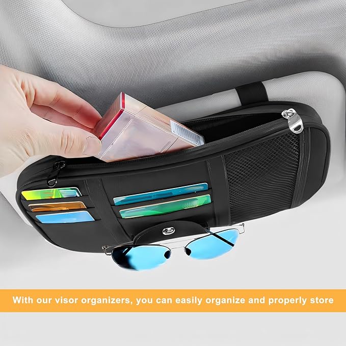 Car Sun Visor Organizer, Multi-Pocket Leather Auto Storage Pouch with Glasses Clip & Zippers, Multifunctional Sun Visor Storage Bag Ticket Organizer for Cars Trucks SUVs (Black)