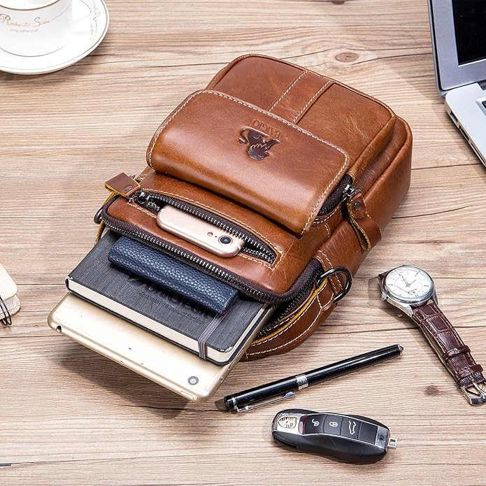 BAIGIO Genuine Leather Small Messenger Bag for Men Crossbody Shoulder Bag for Ipad MIni Handbag Man Purse for Daily Business | Genuine Leather, Small, for Ipad Mini, Man Purse, for Daily Business