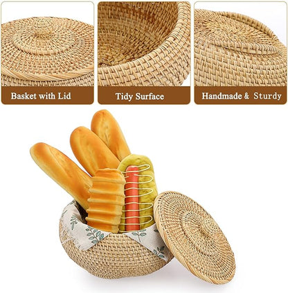 Hipiwe Round Rattan Boxes with Lid Natural Woven Storage Basket Bin Multi-Purpose Wicker Tray Weaving Decorative Shelf Basket Farmhouse Picnic Bread Fruit Table Storage Basket