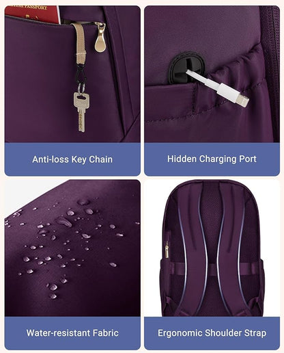 LIGHT FLIGHT Travel Backpacks Laptop Backpack for Women 15.6 inches Computer Bags for Work Travel College, Gifts for Women, Purple