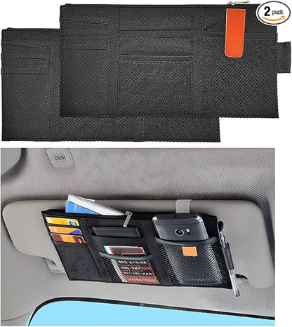 Povtii 2 PCS Car Sun Visor Organizer, Oxford Cloth Multi-Pocket Storage Holder with Zipper, Auto Visor Storage Net Pouch for Card Note Phone Registration, Car Accessories (Black)