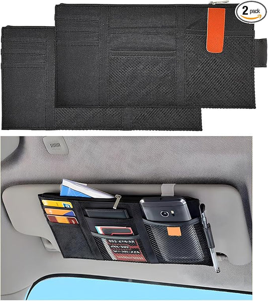 Povtii 2 PCS Car Sun Visor Organizer, Oxford Cloth Multi-Pocket Storage Holder with Zipper, Auto Visor Storage Net Pouch for Card Note Phone Registration, Car Accessories (Black)