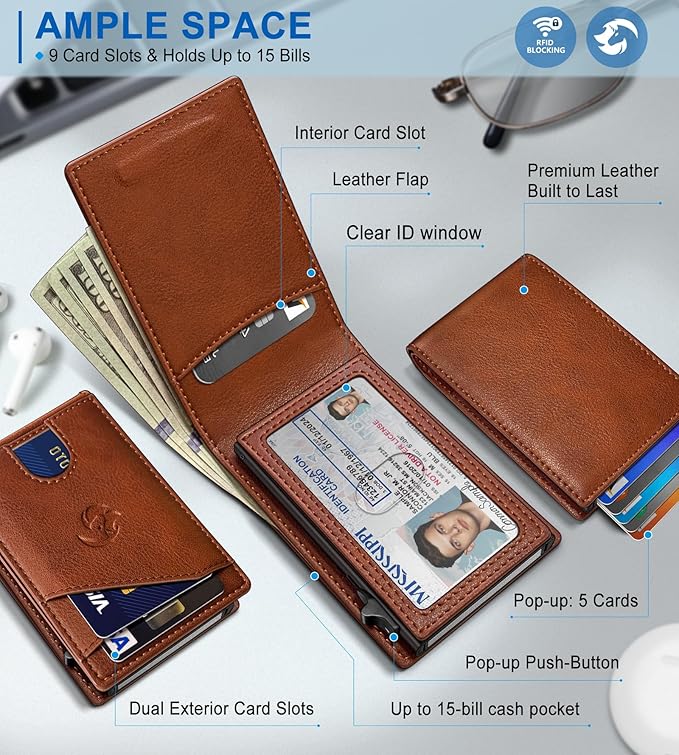 Wallet for Men, Slim Pop Up Card Holder with RFID Blocking, Minimalist Bifold Wallet with 9 Card Slots, ID Window and Cash Pocket, Metal Flip Case with Magnetic Closure, Gift Box