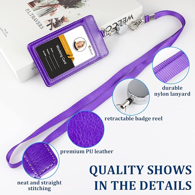 Teskyer Leather Badge Holder with Lanyard and Badge Reel, Retractable Lanyard ID Card Holder for Office School Name Work IDs, Purple