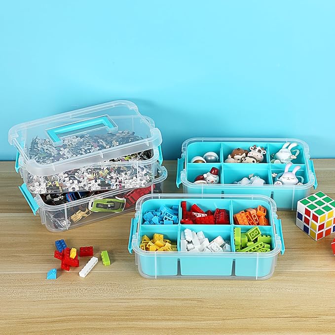 JUXYES 4-Tiers Stack Carry Storage Box With 2 Divided Tray, Transparent Stackable Storage Bin With Handle Lid Latching Storage Container for School & Office Supplies, Blue