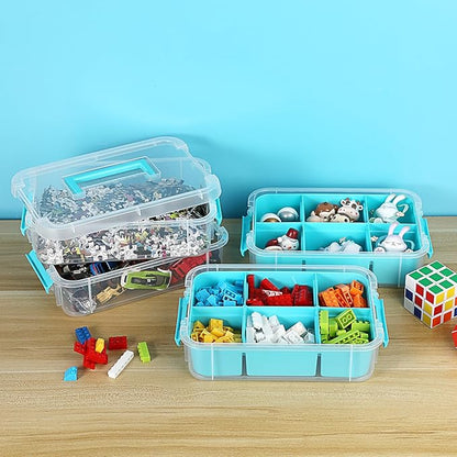 JUXYES 4-Tiers Stack Carry Storage Box With 2 Divided Tray, Transparent Stackable Storage Bin With Handle Lid Latching Storage Container for School & Office Supplies, Blue