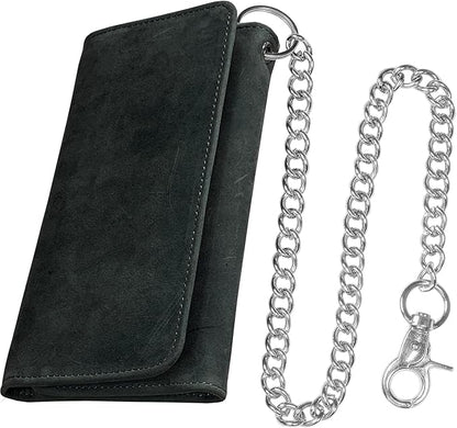 IBRO VINTAGE Motorcycle Chain Wallet for Men – Premium Cowhide Leather, RFID Tri-Fold Biker Wallet with Heavy Duty Chain for Bikers Truckers & Hunters, Credit Card Money Organizer Long Wallet | Long Trifold, RFID Blocking, Men's, Trucker Biker