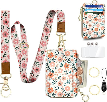 Floral ID Badge Holder with Lanyard,Slots Keychain Phone Lanyard Wrist Strap,RFID ID Badge Holder with Pu Multiple Zip Id Case Wallet for Office School Business Security Staff Women-Flower Pink
