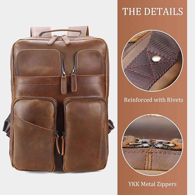 Polare 17.3 Inch Full Grain Leather Backpack for Men and Women Multi Pockets Business Travel Laptop Rucksack (Light Brown)
