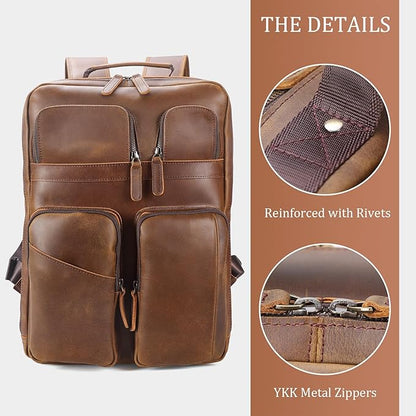 Polare 17.3 Inch Full Grain Leather Backpack for Men and Women Multi Pockets Business Travel Laptop Rucksack (Light Brown)