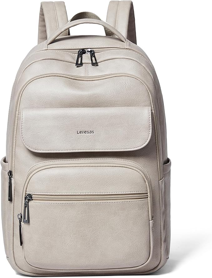 Leresas 37L Backpack Purse for Women Men Vegan Leather Teacher College Bag Daypack Work Business Back Pack Fashion Travel Back Pack Light Grey