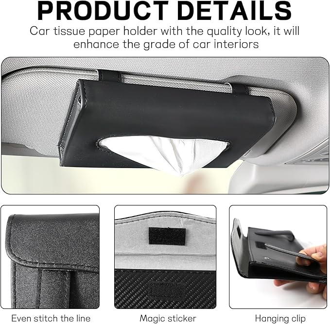 Car Tissue Holder, Leather Tissue Holder for Car Sun Visor, Rectangular Auto Sun Visor Napkin Holder Mask Dispenser, Universal Vehicle Tissue Box Sun Visor Accessory (Black)