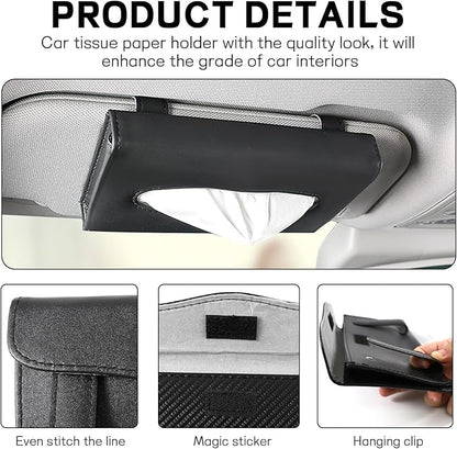 Car Tissue Holder, Leather Tissue Holder for Car Sun Visor, Rectangular Auto Sun Visor Napkin Holder Mask Dispenser, Universal Vehicle Tissue Box Sun Visor Accessory (Black)