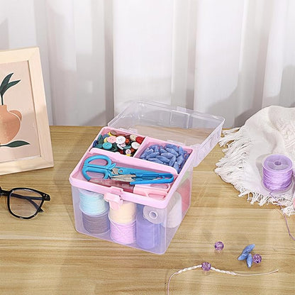 BTSKY Multipurpose Plastic Craft Storage Containers with Removable Tray, Clear Plastic Storage Box with Lid & Handle, Easy Carry & Stack Small Storage Container, 6.3x5.6x6.3 Inch, Square-Pink
