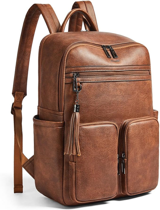 Shrrie Laptop Backpack for Women 16 Inch,Vegan Leather Travel Backpack Purse Work Business Computer Backpacks Teacher Nurse College Laptop Bookbag Casual Daypack,Two-toned Brown