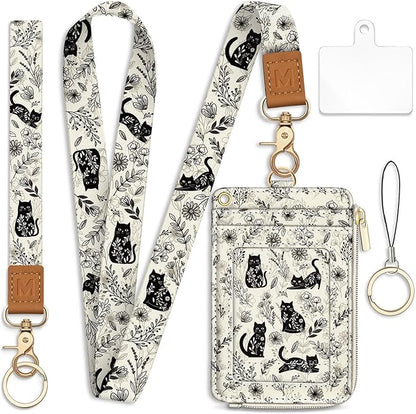 Lanyard Wallet with Id Badge Holder, Cat RFID Small Keychain Wallet Women Wristlet, Floral Boho Zipper Credit Card Holder Phone Wrist Neck Strap for Key Name Tag, Teacher Student Office Gifts