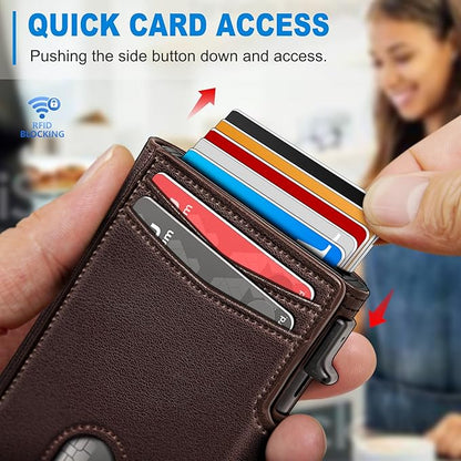 miyozi Wallet for Men, Magnetic Minimalist Slim Wallet with Pop Up Card Holder, 9 Cards RFID Blocking Metal Credit Card Case, Leather Wrapped Money Clip, ID Window & Small Item Slot, Gift Boxed
