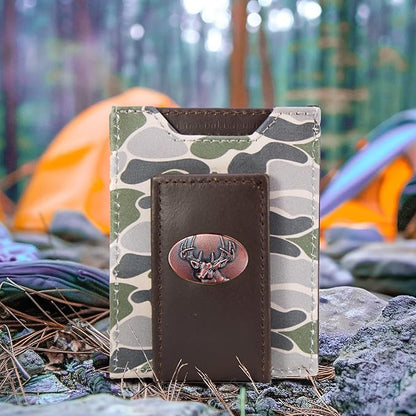 ZEP-PRO Buck Men's Magnetic Front Pocket Old School Camo Leather Wallet – Slim Design with Card Slots and Money Clip, Green/Gray Camo