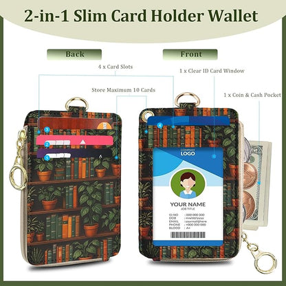 Bookshelf Plant Lanyard for Id Badges, RFID Credit Card Holder Wallet with Neck Lanyard Wristlet,PU Leather ID Case with Adjustable Lanyard Keychain for Women Teacher Student Nurse Office Gift