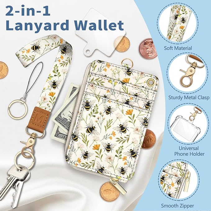 Lanyard Wallet with Id Badge Holder, Bee RFID Small Keychain Wallet Women Wristlet, Cute Zipper Credit Card Holder Phone Wrist Neck Strap for Key Name Tag, Teacher Student Office Gifts
