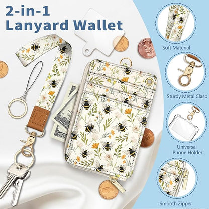 Lanyard Wallet with Id Badge Holder, Bee RFID Small Keychain Wallet Women Wristlet, Cute Zipper Credit Card Holder Phone Wrist Neck Strap for Key Name Tag, Teacher Student Office Gifts