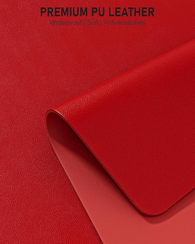 Desk Pad, 30" x 14" PU Leather Non-Slip Desk Mat Large Mouse Pad for Desktop, Waterproof Laptop Computer Writing Mat for Office, Home, Work, Gaming, Bright Red