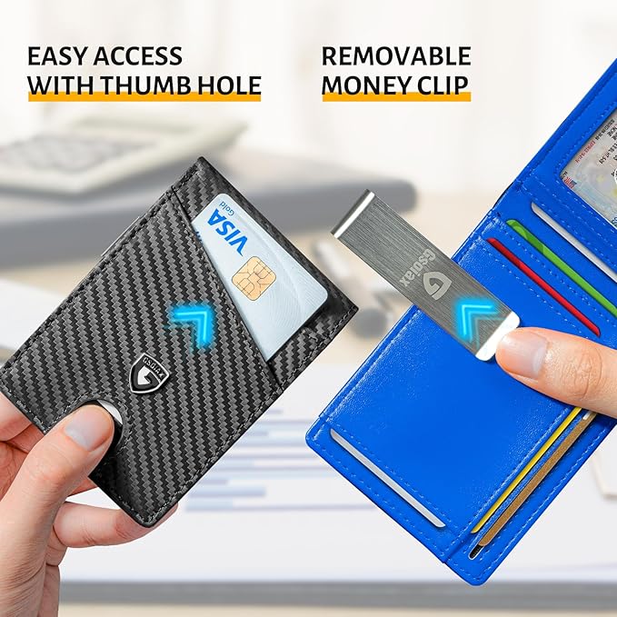 GSOIAX Slim Leather RFID Bifold Wallet for Men Minimalist Front Pocket Wallet with Money Clip,12 Card Slots,ID Window,Cool Groove Design,Includes Stocking StuffersGift Box (Carbon blue)