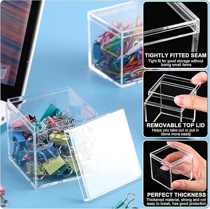 Clear Acrylic Box with Lid, 4 Pack 2.6x2.6x2.6 Inches Clear Decorative Boxes Acrylic Square Cube Storage Container Drawer Organizer for Vanity Jewelry Accessories