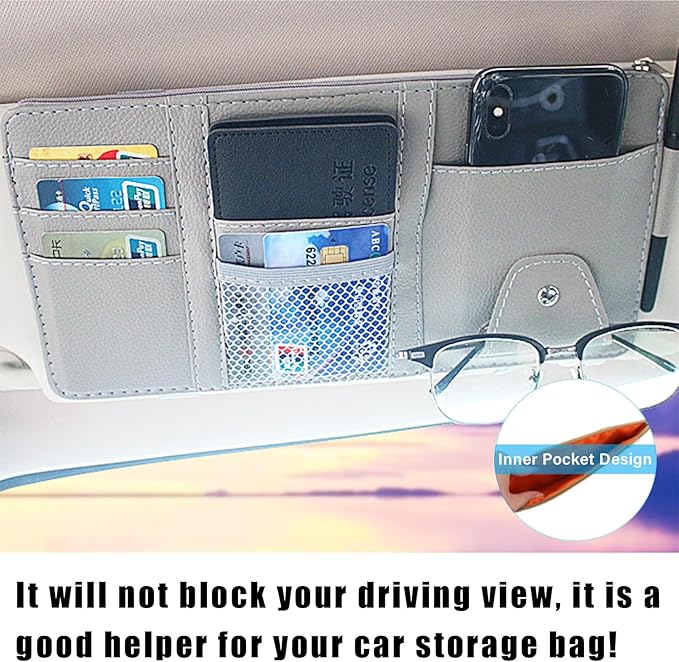 Augeny Car Sun Visor Organizer, Leather Personal Belonging Storage Pouch with Zipper, Car Visor Storage Pouch Sunglasses Holder, Auto Interior Accessories Pocket Organizers (Gray)