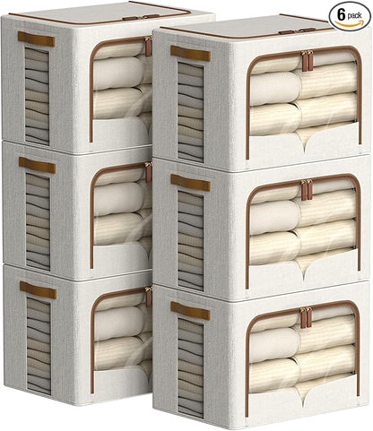 FHSQX 6 Pack Clothes Storage Bins - Foldable Storage Bins for Clothes Fabric Storage Box with Metal Frame (Cream White, 16.5x12.2x12.2 inch)