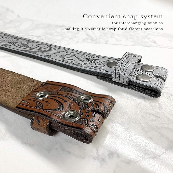 Western Floral Engraved Embossed Tooled Genuine Leather Belt Strap or Belt 1-1/2"(38mm) Wide, Multi-Style Options