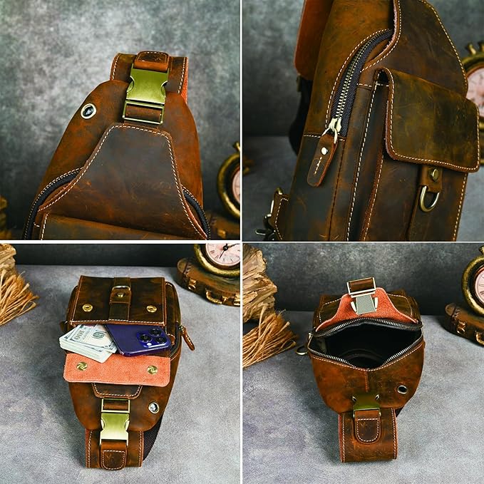 Genuine Leather Hiking Travel DayPack Sling Crossbody Triangle Chest Pack Bag For Men Women 8241 (Coffee 258204)