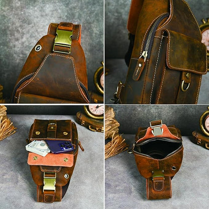 Genuine Leather Hiking Travel DayPack Sling Crossbody Triangle Chest Pack Bag For Men Women 8241 (Coffee 258204)