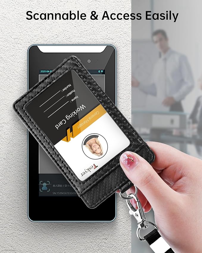 Teskyer Badge Holder with Lanyard, Leather ID Name Badge Card Holder with Lanyard for ID Badges, Vertical, Carbon Fiber Black