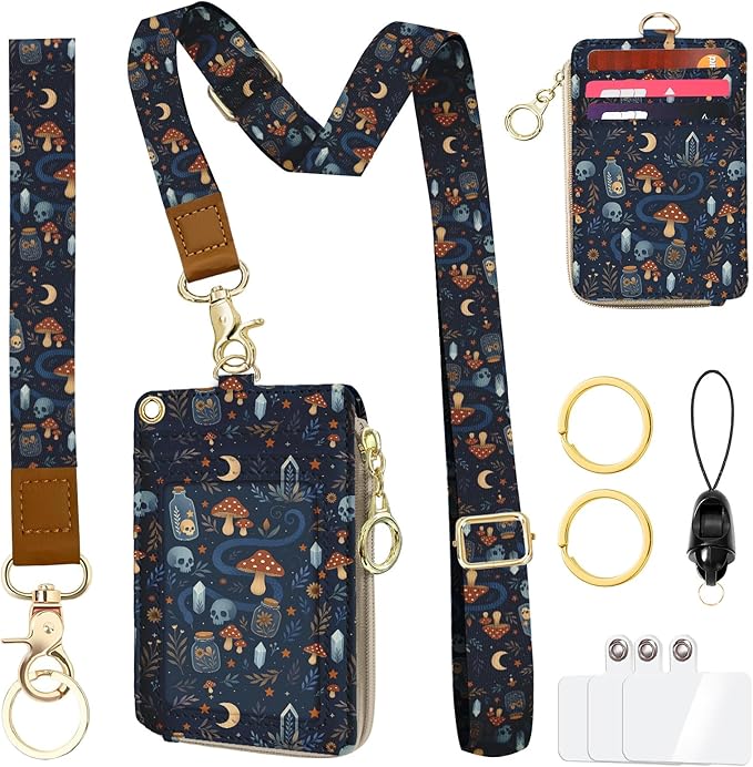 ID Badge Holder with Lanyards Wallet, Skull Mushroom Snake ID Badges with Zipper, RFID Card Holder for Women, Detachable Neck Lanyard Wrist Strap with Keychain for Teacher Student Gifts