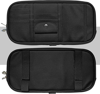 Car Sun Visor Organier Truck SUV Sun Visor Storage Pocket Pouch Holder, Multi-Pocket PU Leather with Zipper Net, for Cards Pens Sunglasses Document (Black)