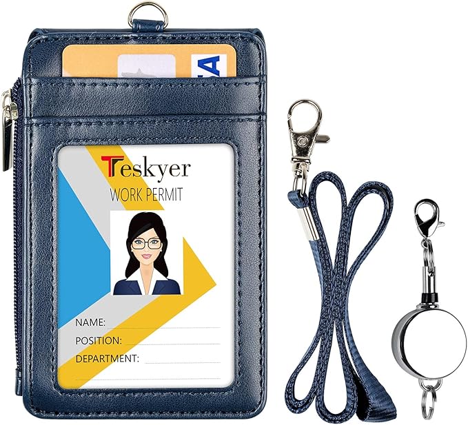 Teskyer Leather Badge Holder with Lanyard and Retractable Badge Reel, 4 Card Slots ID Card Holder with 1 Zipper Pocket for Office School Name Work IDs, Blue