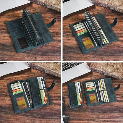 Genuine Crazy Horse Leather Travel Gift Coin Pocket Card Case Long Organizer Chain Rfid Wallet Purse With Snap For Men Male 1803 1815 (1803 The Blue)