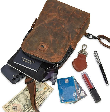 Leather Sling Bag for Women Genuine Crossbody Purse Small Trendy Cross Over Chest with Phone and Credit Card Slots (Cognac Crazy Horse)