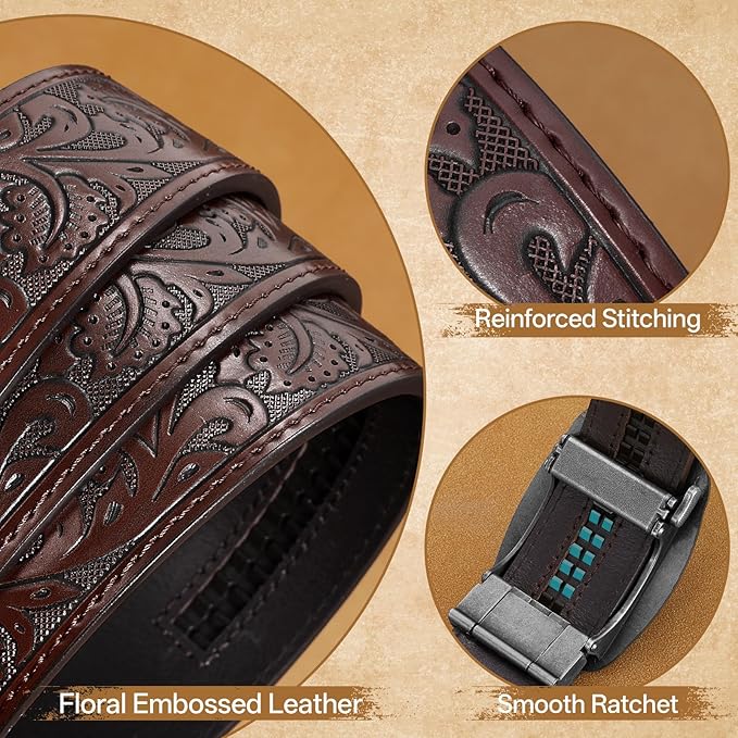 Cowboy Western Ratchet Belt for Men Women with Automatic Western Buckle, Ratchet Cowboy Leather Belt for Jeans Gifts