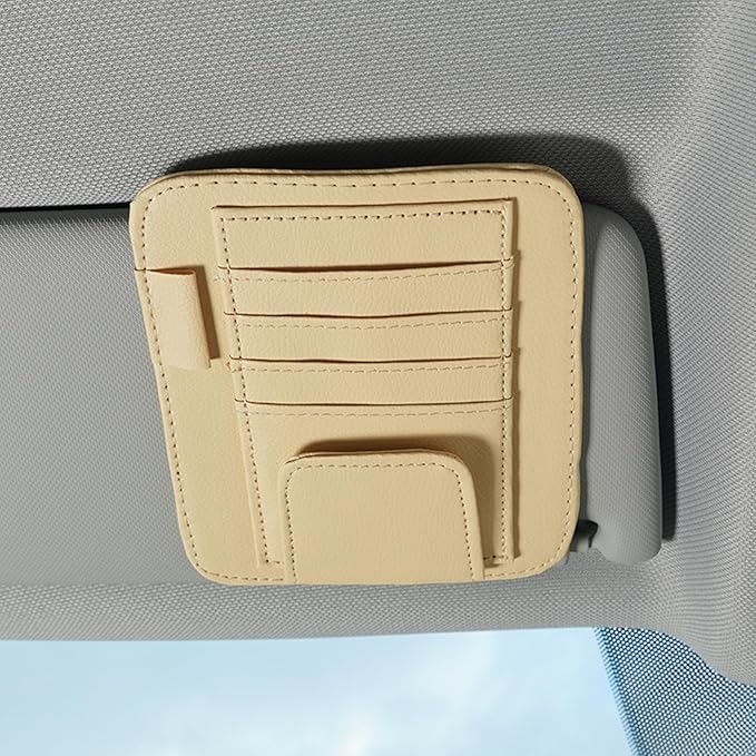 Car Sun Visor Organizer, Multi Pocket Small Vehicle Document Holder for Card Pen, Car Visor Sunglasses Holder, Auto Interior Accessories Pocket Organizer for Car Truck SUV (Beige)