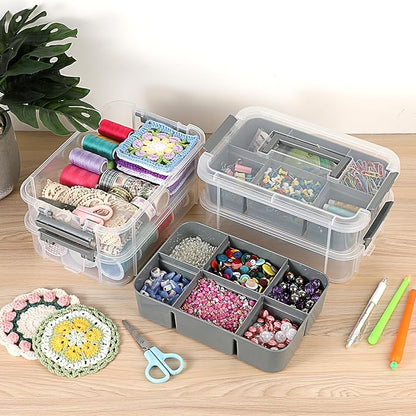 JUXYES 4-Tiers Stack Carry Storage Box With 2 Divided Tray, Transparent Stackable Storage Bin With Handle Lid Latching Storage Container for School & Office Supplies, Gray