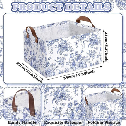 Boao 3 Pcs Blue Floral Storage Bin Wildflowers Collapsible Large Storage Baskets for Gifts Canvas Laundry Basket Foldable Box with Handle for Office Home Bedroom Clothes