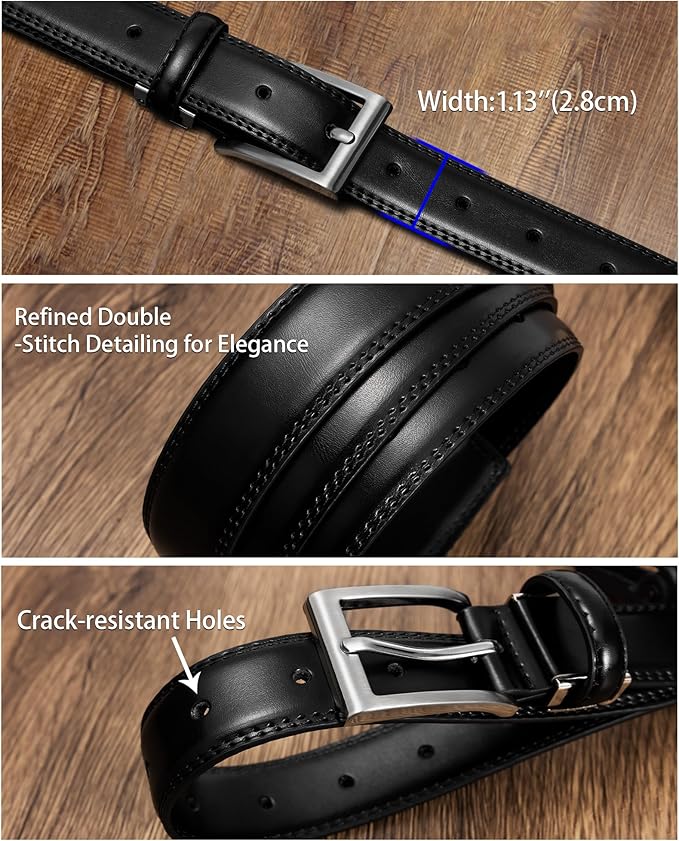 maikun Mens Black Leather Belt, 1 1/8" Casual Dress Belt with Adjustable Buckle for Jeans Office
