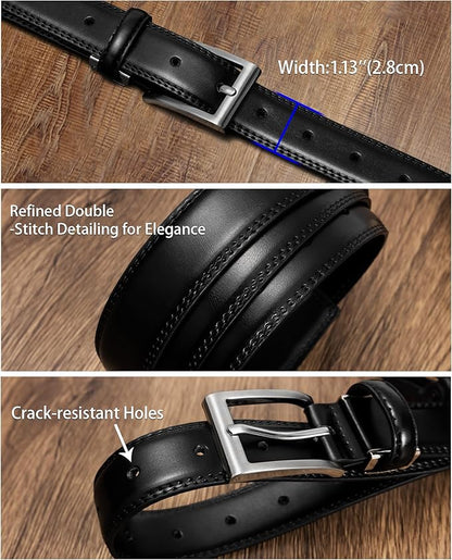 maikun Mens Black Leather Belt, 1 1/8" Casual Dress Belt with Adjustable Buckle for Jeans Office