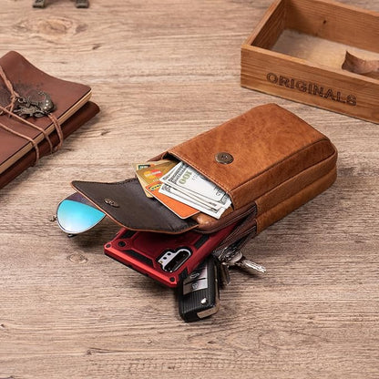 Hengwin Genuine Leather Cell Phone Holster Wallet Case with Belt Clip Travel Messenger Bag Waist Pouch Crossbody Purse Fit for iPhone 17 Pro Max 16 Pro Max 15 Pro Max Samsung Galaxy S25 Ultra (Brown)