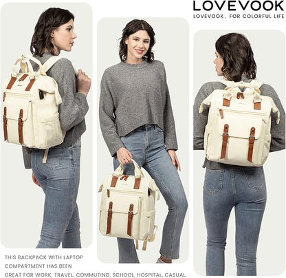 LOVEVOOK Laptop Backpack for Women Work Travel Commuter Backpack Business Computer Bag Teacher Doctor Nurse Bags College Backpack Purse, 15.6 Inch, Beige-Brown-Brown