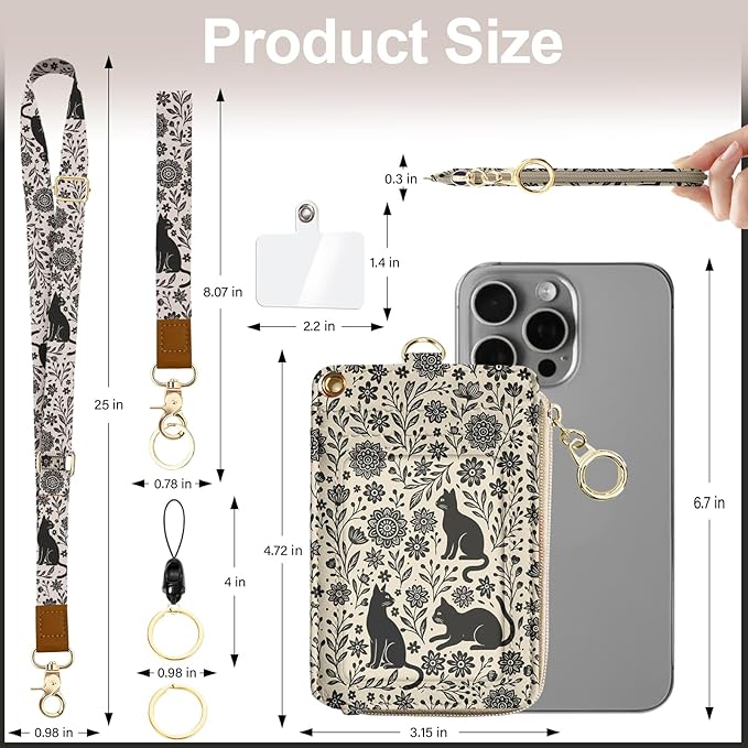 Floral Cat Lanyard Wallet, PU Lanyards for ID Badge, Keychain ID Badge Holder with Breakaway Neck & Wristlet Leather Zip Id Case Wallet for Women Woker Teacher Nurse Gift