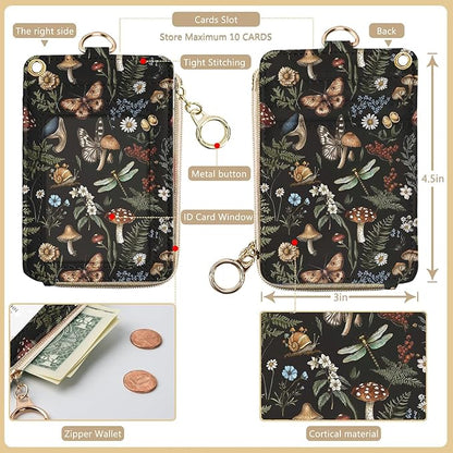 bolimoss Mushroom Lanyard for Id Badge, Cute Women Lanyard with Wallet,ID Badge Holder with Neck & Wristlet Lanyard, VintagePu Leather Zip Id Case Wallet with Removable Lanyard, Keychain Wallet